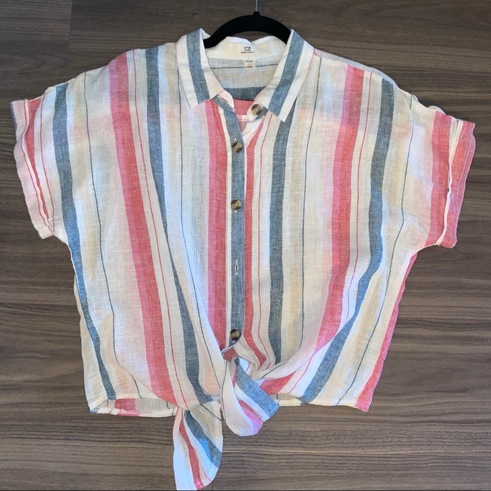 Red white and blue striped linen blouse